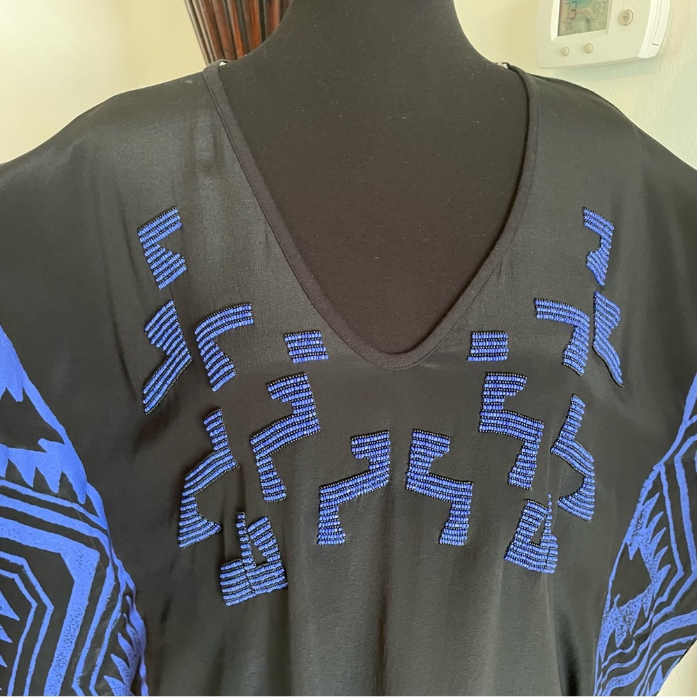 Anthropologie Black Tunic with Bright Blue Geometric Detailing - Picture 5 of 12